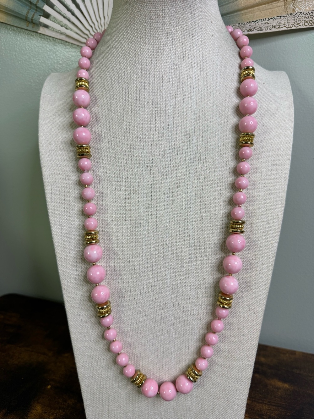 Vintage Bubblegum Pink Beaded Necklace Gold Spacers Retro Pop 80’s Nostalgia